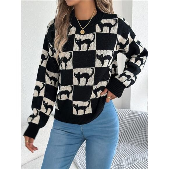 Cozy Cat Checkerboard Pattern Sweater - Picture 5 of 5